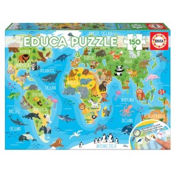 PUZZLE DE COPII EDUCA - HARTA LUMII CU ANIMALE - 150 BUCĂTI - EDU18115 - EDU18115 - view 1