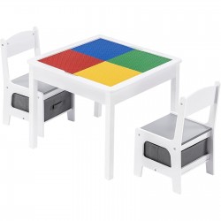 MASĂ PENTRU COPII GINGER HOME CU 2 SCAUNE, FAȚĂ-DOUBLĂ, SET DIN LEMN PENTRU ÎNVĂȚARE, DESEN, SCIR, TĂIERE LEGO BUILDERS - ALB/GR - TF6705 - view 1