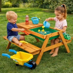 Детска Дървена Маса с Пейки и Пясъчник GINGER HOME – 2в1, Повдигащ се Плот, 90x86x50 см - WSB-9080 - view 1