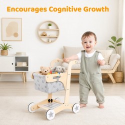 Детска Дървена Проходилка GINGER HOME, Количка за Пазаруване с Кош, Играчка за Бутане, Монтесори, 52 см - HL003 - view 6
                  
