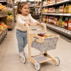 Детска Дървена Проходилка GINGER HOME, Количка за Пазаруване с Кош, Играчка за Бутане, Монтесори, 52 см - HL003 - view 14
                  