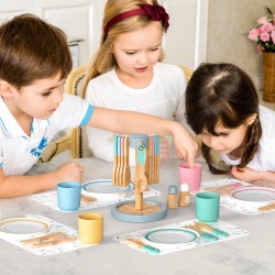 Детски Дървен Сервиз за Хранене 33 части GINGER HOME – Комплект за Ролева Игра с Чинии, Чаши, Прибори и Поставки - HL007 - view 5
                  