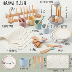 Детски Дървен Сервиз за Хранене 33 части GINGER HOME – Комплект за Ролева Игра с Чинии, Чаши, Прибори и Поставки - HL007 - view 6
                  