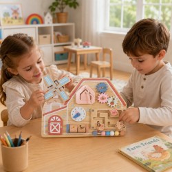 Дървена Монтесори Активна Дъска GINGER HOME, Ферма с Мелница, Лабиринт, Часовник и Зъбни Колела, 33x24x5 см - W12D824 - view 5
                  