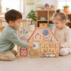 Дървена Монтесори Активна Дъска GINGER HOME, Ферма с Мелница, Лабиринт, Часовник и Зъбни Колела, 33x24x5 см - W12D824 - view 6
                  
