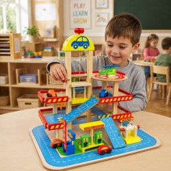 Детски Дървен Паркинг GINGER HOME, Многоетажен Гараж с Асансьор, Хеликоптерна Площадка, Бензиностанция и Автомивка, 50x40x47 см - W04B034 - view 5
                  