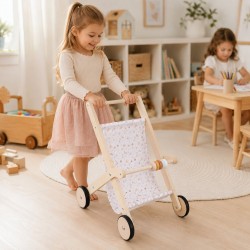 Детска Дървена Количка за Кукли GINGER HOME с Мек Текстилен Кош, Натурално Дърво, 34x46x49.5 см - W16E331B - view 4
                  