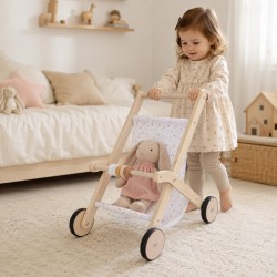 Детска Дървена Количка за Кукли GINGER HOME с Мек Текстилен Кош, Натурално Дърво, 34x46x49.5 см - W16E331B - view 5
                  
