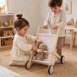 Детска Дървена Количка за Кукли GINGER HOME с Мек Текстилен Кош, Натурално Дърво, 34x46x49.5 см - W16E331B - view 6
                  