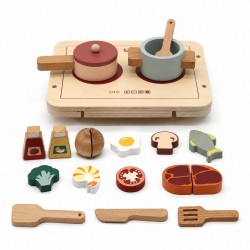 Детски Дървен Кухненски Комплект GINGER HOME с Котлон, Съдове, Прибори и Храни за Рязане, Натурално Дърво, 22x18x4 см - W10B464 - view 1