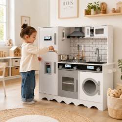 Детска Дървена Кухня GINGER HOME с Хладилник, Мивка с Течаща Вода, Микровълнова, Пералня и Електронни Функции, 97x30x94 см - W10C991 - view 4
                  