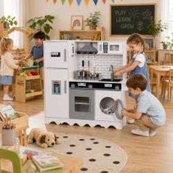 Детска Дървена Кухня GINGER HOME с Хладилник, Мивка с Течаща Вода, Микровълнова, Пералня и Електронни Функции, 97x30x94 см - W10C991 - view 6
                  