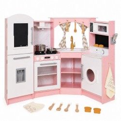 Голяма Детска Дървена Кухня GINGER HOME, Ъглова с Мивка с Течаща Вода, Звук и Светлина, Хладилник, Микровълнова, Пералня, Прозорец, Завеси и Аксесоари, 134x80x99 см - W10C933J - view 3
                  