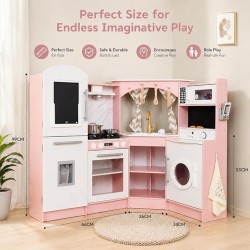 Голяма Детска Дървена Кухня GINGER HOME, Ъглова с Мивка с Течаща Вода, Звук и Светлина, Хладилник, Микровълнова, Пералня, Прозорец, Завеси и Аксесоари, 134x80x99 см - W10C933J - view 5
                  