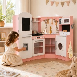 Голяма Детска Дървена Кухня GINGER HOME, Ъглова с Мивка с Течаща Вода, Звук и Светлина, Хладилник, Микровълнова, Пералня, Прозорец, Завеси и Аксесоари, 134x80x99 см - W10C933J - view 6
                  