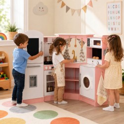 Голяма Детска Дървена Кухня GINGER HOME, Ъглова с Мивка с Течаща Вода, Звук и Светлина, Хладилник, Микровълнова, Пералня, Прозорец, Завеси и Аксесоари, 134x80x99 см - W10C933J - view 7
                  