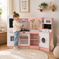 Голяма Детска Дървена Кухня GINGER HOME, Ъглова с Мивка с Течаща Вода, Звук и Светлина, Хладилник, Микровълнова, Пералня, Прозорец, Завеси и Аксесоари, 134x80x99 см - W10C933J - view 8
                  