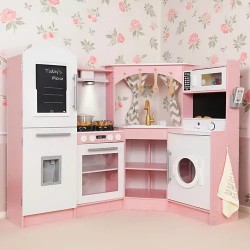 Голяма Детска Дървена Кухня GINGER HOME, Ъглова с Мивка с Течаща Вода, Звук и Светлина, Хладилник, Микровълнова, Пералня, Прозорец, Завеси и Аксесоари, 134x80x99 см - W10C933J - view 16
                  