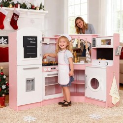 Голяма Детска Дървена Кухня GINGER HOME, Ъглова с Мивка с Течаща Вода, Звук и Светлина, Хладилник, Микровълнова, Пералня, Прозорец, Завеси и Аксесоари, 134x80x99 см - W10C933J - view 17
                  