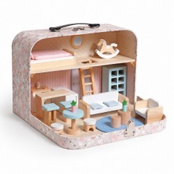 Детска Дървена Къща Куфар GINGER HOME, Преносима Мини Къща за Кукли с Мебели и Аксесоари, Розова, 30.5x20.5x10.5 см - W06A651 - view 1