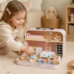 Детска Дървена Къща Куфар GINGER HOME, Преносима Мини Къща за Кукли с Мебели и Аксесоари, Розова, 30.5x20.5x10.5 см - W06A651 - view 4
                  