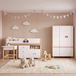 Комплект Детска Стая GINGER HOME CHERRY с Комбинирано Легло 90x200 см, Бюро, Скрин, Шкаф и Трикрилен Гардероб, Бяло, Розово и Натурално Дърво - SR-C - view 1
                  