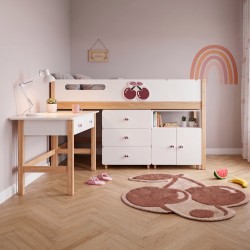 Комплект Детска Стая GINGER HOME CHERRY с Комбинирано Легло 90x200 см, Бюро, Скрин, Шкаф и Трикрилен Гардероб, Бяло, Розово и Натурално Дърво - SR-C - view 3
                  