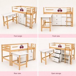 Комплект Детска Стая GINGER HOME CHERRY с Комбинирано Легло 90x200 см, Бюро, Скрин, Шкаф и Трикрилен Гардероб, Бяло, Розово и Натурално Дърво - SR-C - view 4
                  