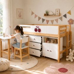 Комплект Детска Стая GINGER HOME CHERRY с Комбинирано Легло 90x200 см, Бюро, Скрин, Шкаф и Трикрилен Гардероб, Бяло, Розово и Натурално Дърво - SR-C - view 5
                  