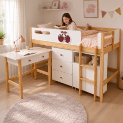 Комплект Детска Стая GINGER HOME CHERRY с Комбинирано Легло 90x200 см, Бюро, Скрин, Шкаф и Трикрилен Гардероб, Бяло, Розово и Натурално Дърво - SR-C - view 12
                  